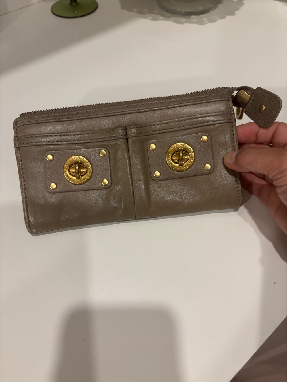 Marc Jacobs Taupe Leather Wristlet Clutch with Gold Hardware Accents